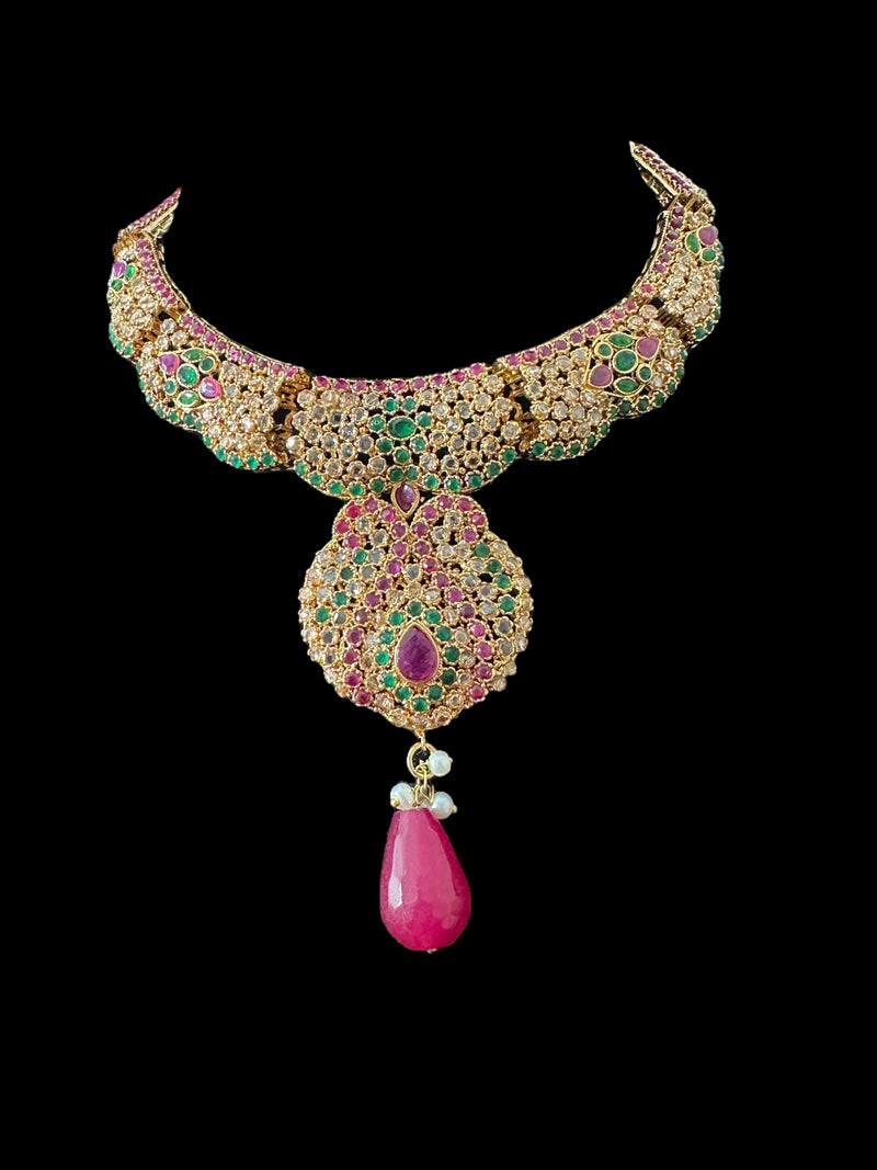 BR463  Deepa multicolor bridal cz necklace set with jhoomar tika ( READY TO SHIP )