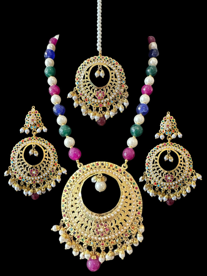 PS522 Jadau pendant and earrings tika set in Navratan (READY TO SHIP )