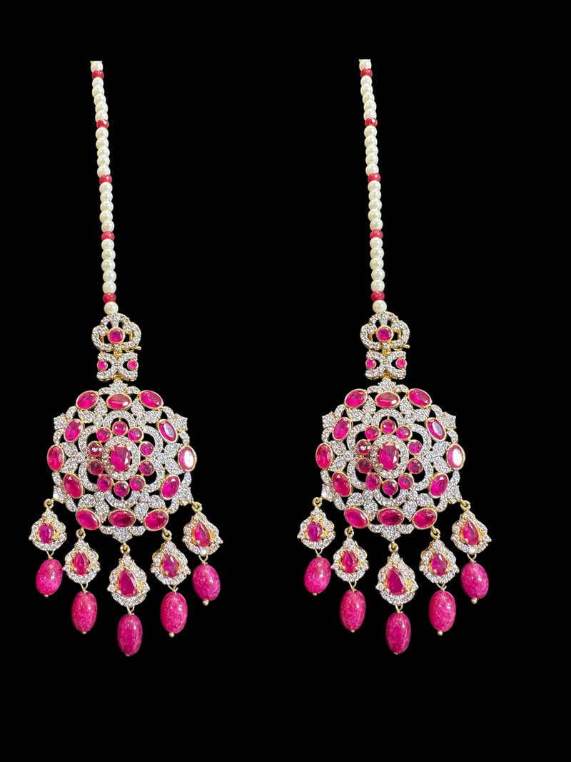 DLN137 MANDIRA Long CZ Pearl Mala with Ruby Beads | Necklace & Earrings Set ( READY TO SHIP )