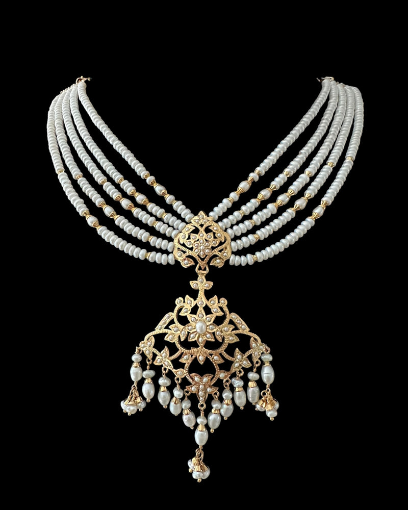 SN22 Gold-Plated 92.5 silver Pearl Necklace with Edwardian Style Earrings
