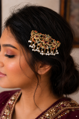 Navratan Gold-Plated 92.5 Silver Passa Hair Clip with Freshwater Pearls ( READY TO SHIP )
