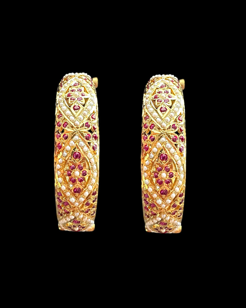 Gold-Plated Silver jadau Bangles in Ruby & Freshwater Pearls ( READY TO SHIP ) SIZE 2.4,2.6