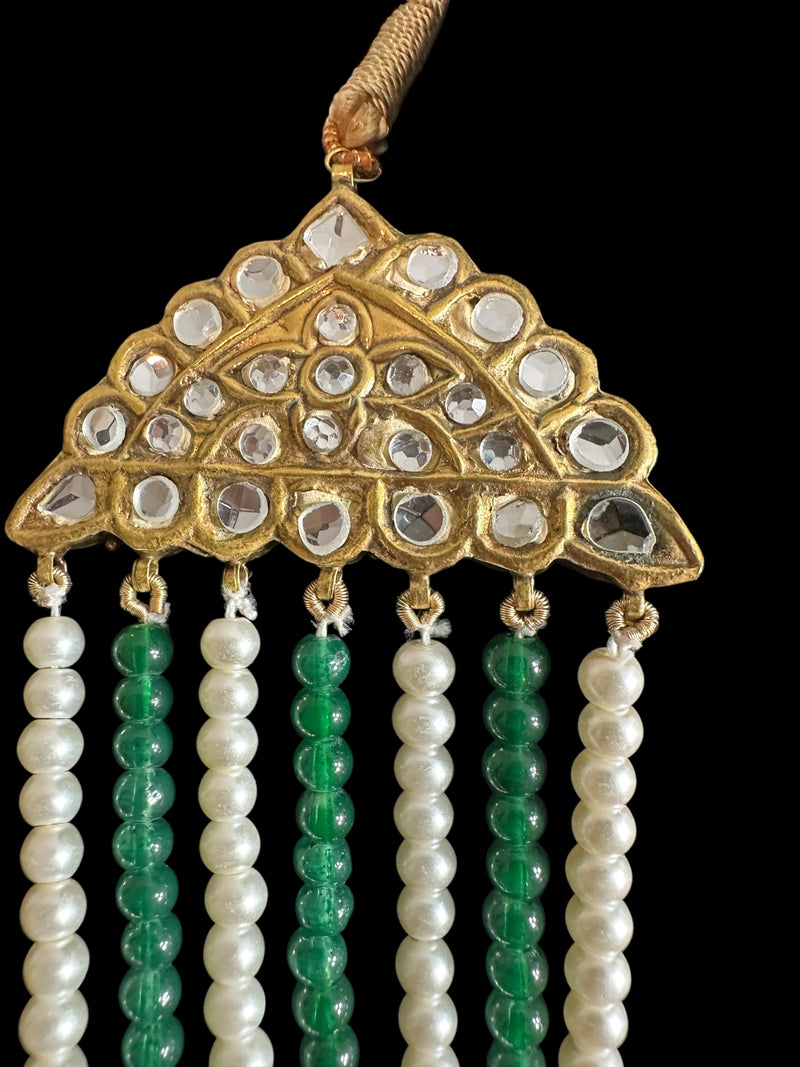 Kundan and pearl mala with green beads ( READY TO SHIP )