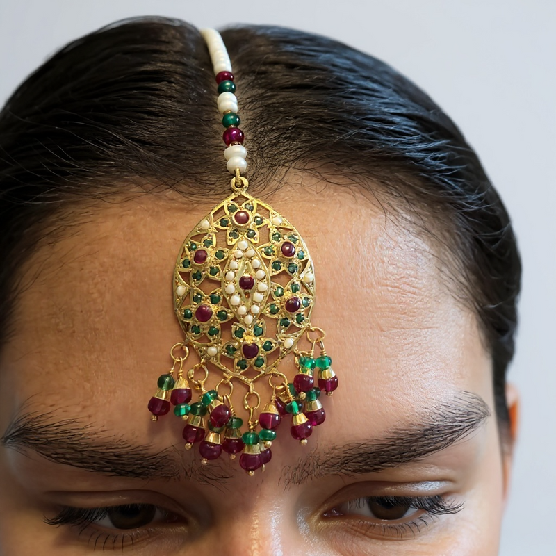 Gold Plated Silver Ruby & Emerald Tika with Freshwater Pearls ( READY TO SHIP )