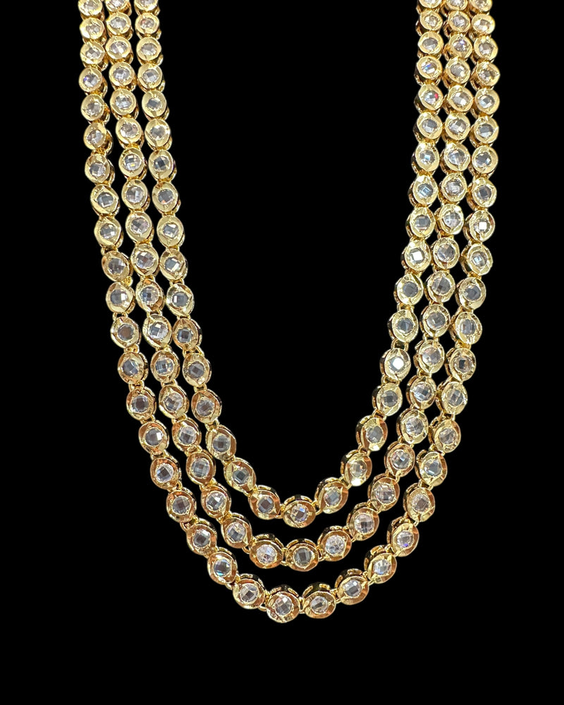 Three-Layer Mala Necklace Set with Earrings – Gold Plated, CZ Polki ( READY TO SHIP )