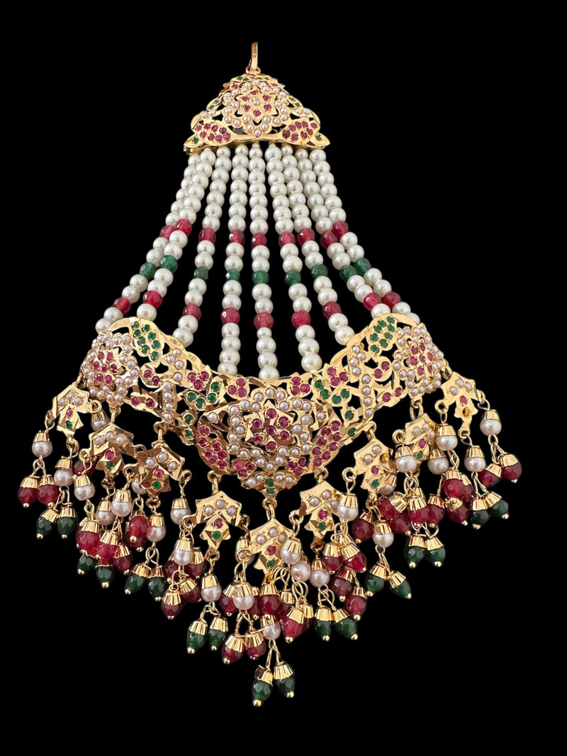 DJHR120 Jadau jhoomar in ruby emerald with pearls ( READY TO SHIP )