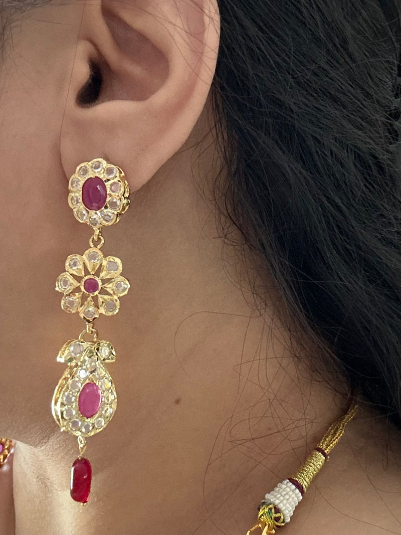 DNS209 🌸 Floral Motif Hyderabadi Necklace Set – Gold-Plated with CZ Polki & Ruby Quartz Beads ( READY TO SHIP )