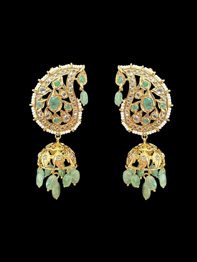 DER726 Kaan phool jhumka earrings in emeralds  ( READY TO SHIP )