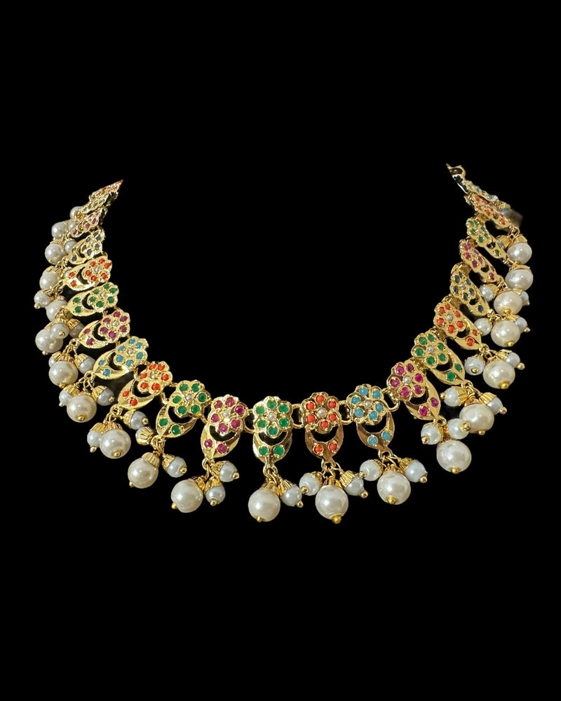 DNS194A Navratan jadau necklace set with tika ( READY TO SHIP )