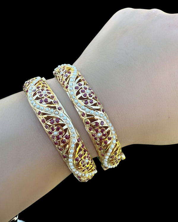 Gold-Plated 92.5 Silver Bangles with Rubies & Freshwater Pearls (Pair) ( READY TO SHIP )