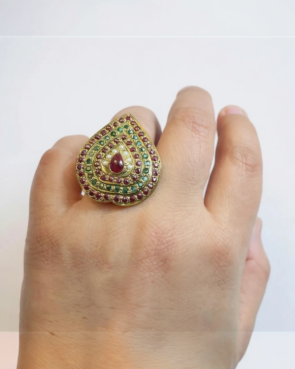 Ruby, Emerald & Pearl Heart-Shaped Ring – Gold-Plated Silver Elegance ( READY TO SHIP )