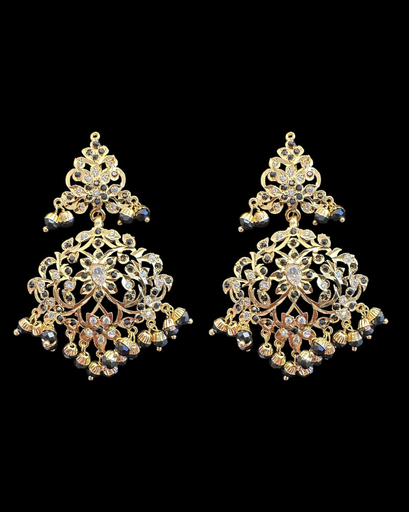 DJET100 Black & Zircon Gold-Plated Earrings with Tikka Set ( READY TO SHIP )