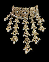 Dangler Choker Set with Earrings & Tika – Gold-Plated Zircon & Pearl Elegance ( SHIPS IN 4 WEEKS )