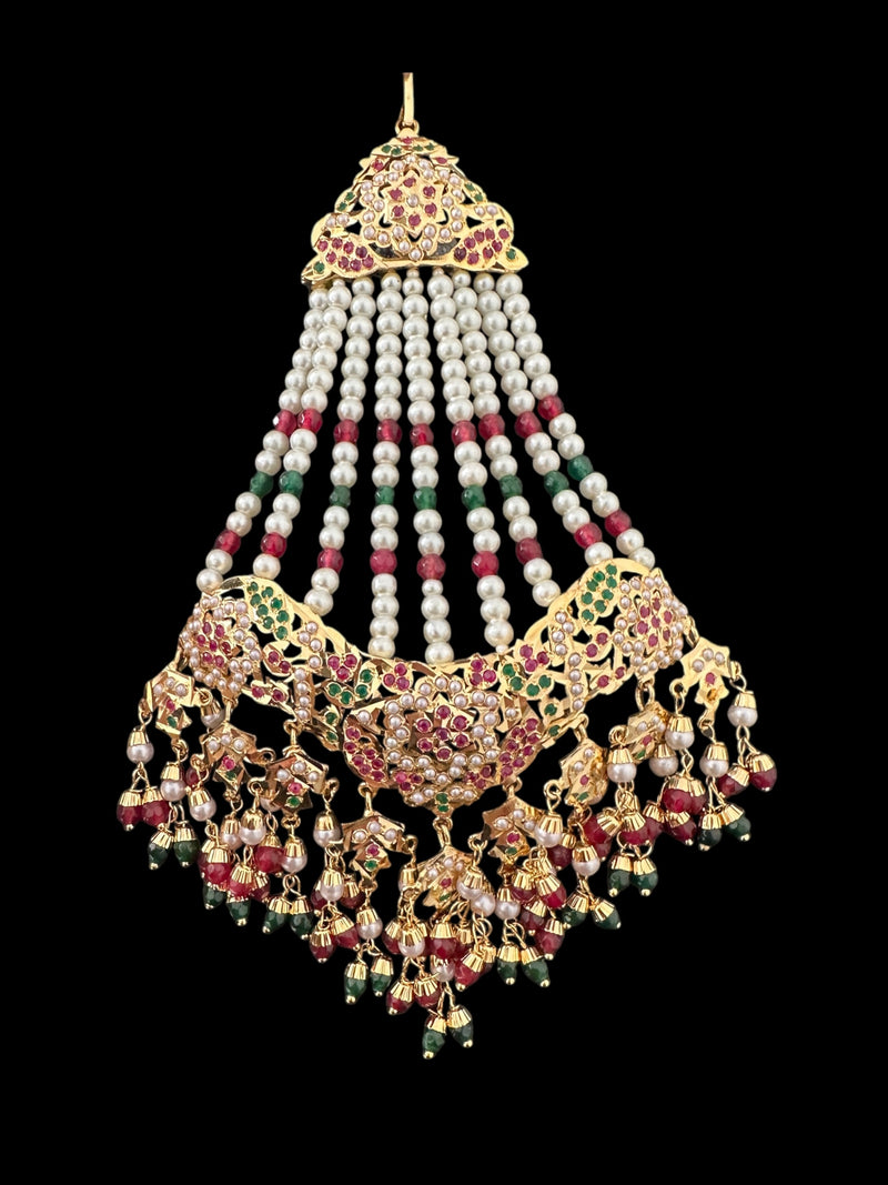 DJHR120 Jadau jhoomar in ruby emerald with pearls ( READY TO SHIP )