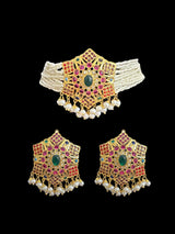 Gold plated silver choker set  in Navratan ( READY TO SHIP)