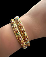 Gold-Plated Silver Navratan Jadau Bangles with Freshwater Pearls – Set of Two ( READY TO SHIP )