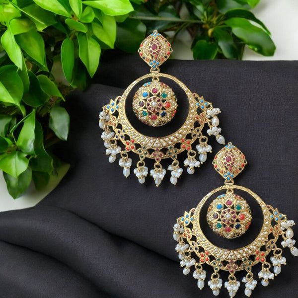 92.5 silver gold plated earrings in navratan with fresh water pearls (READY TO SHIP )