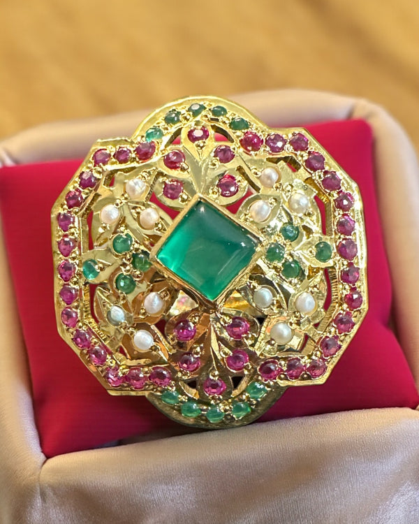 Ruby, Emerald & Freshwater Pearl Gold-Plated Silver Adjustable Ring ( READY TO SHIP)