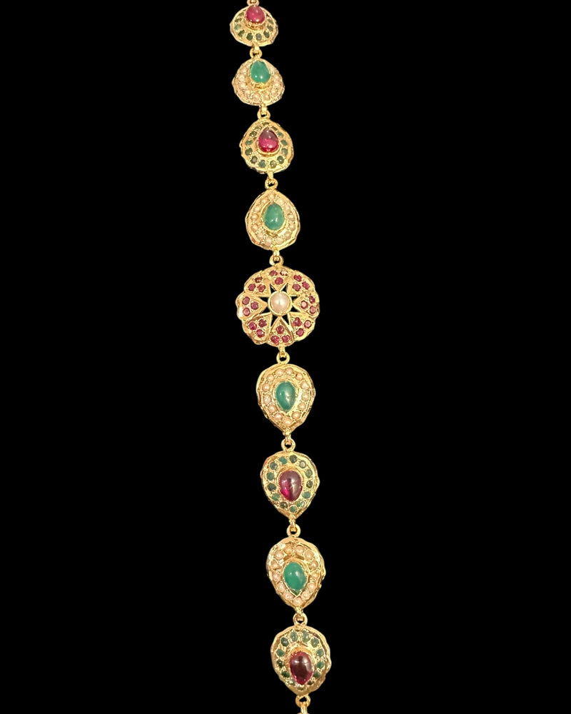 Ruby, Emerald & Pearl Gold-Plated Silver Bracelet – 92.5 Silver ( READY TO SHIP )