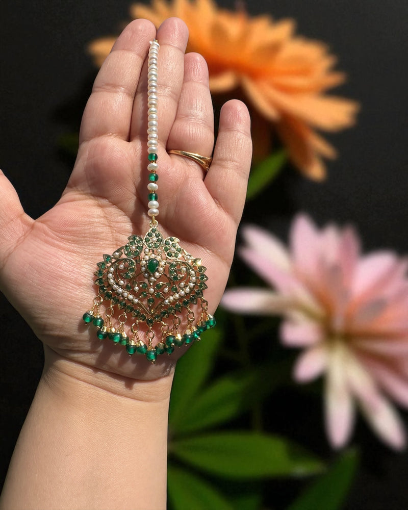 Gold-Plated Silver Tika with Freshwater Pearls & Natural Emerald Beads – Bridal Elegance in 92.5 Silver ( READY TO SHIP )