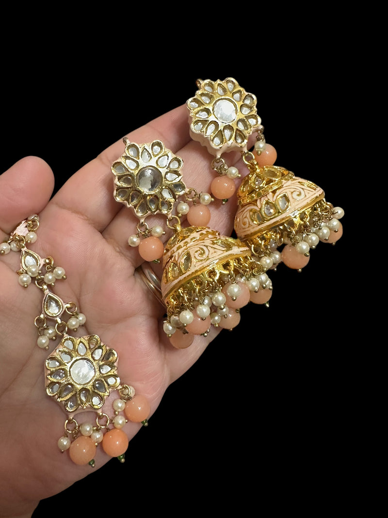 Kundan jhumka and rika earrings with meenakari in peach ( READY TO SHIP )