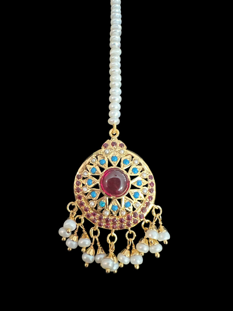 Gold-Plated Silver Tikka with Ruby, Turquoise & Pearls – Medium Size ( READY TO SHIP )