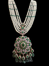 DLN138 Mandira Long CZ Pearl Mala with Green Beads – Necklace & Earrings Set ( READY TO SHIP )