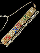 C536 Navratan bridal choker earrings and Tika set in fresh water pearls ( READY TO SHIP )