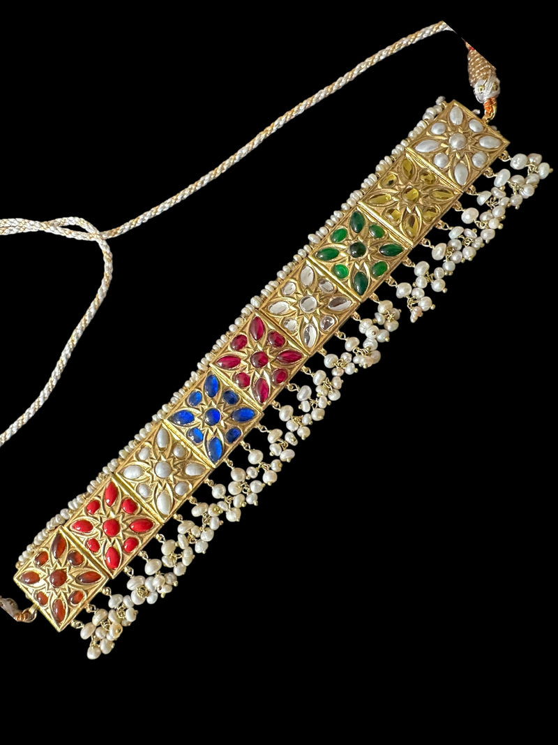 C536 Navratan bridal choker earrings and Tika set in fresh water pearls ( READY TO SHIP )