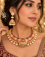 C606 Gold-Plated Meenakari Hasli Necklace Set with Polki Jhumka Earrings ( READY TO SHIP )