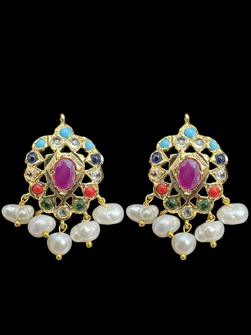 ET536  Faryal fresh water Pearl earrings - Navratan ( READY TO SHIP )