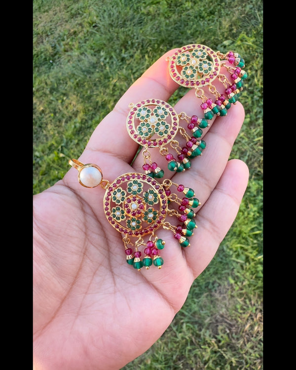 Gold-Plated 92.5 Silver Pendant Set in Ruby, Emerald & Pearl ( READY TO SHIP )