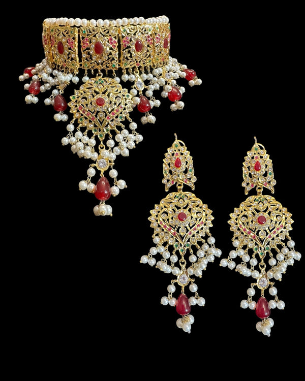 Ruby & Emerald Gold-Plated Bridal Choker with Earrings – Handcrafted