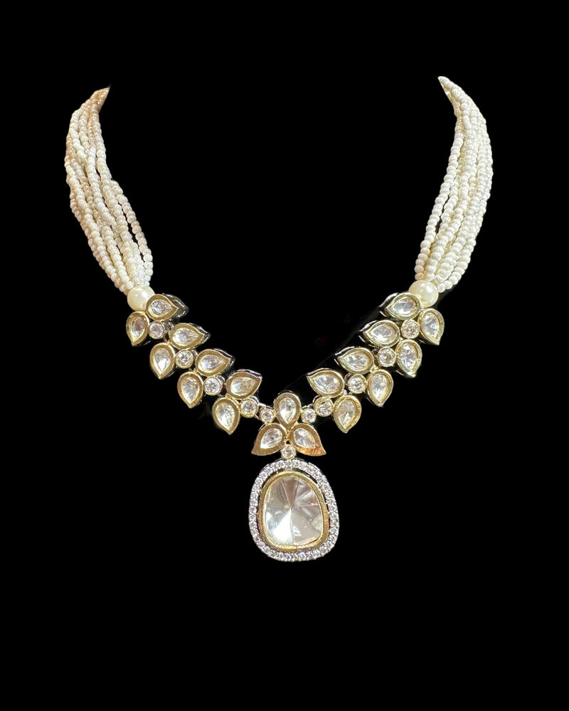 DNS214 Pearl & Polki Necklace with Stud Earrings – Dainty Gold-Plated Set ( READY TO SHIP )