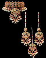 C596 Gold-Plated Navratan Choker Set with Earrings & Tika ( READY TO SHIP )