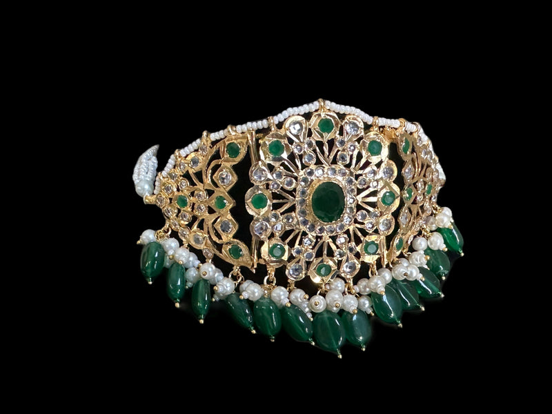 C330 Hyderabadi  choker set in green with jhumka ( READY TO SHIP )