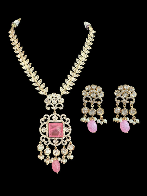 DNS173  Polki necklace set with pearls - PINK ( READY TO SHIP )