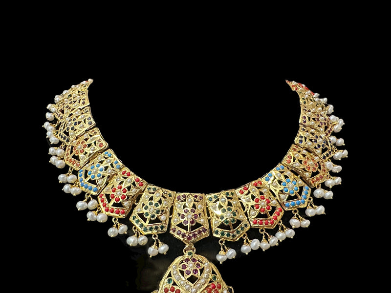 Navratan / Multicolored Jadau Necklace Set in Gold Plated Silver ( READY TO SHIP )