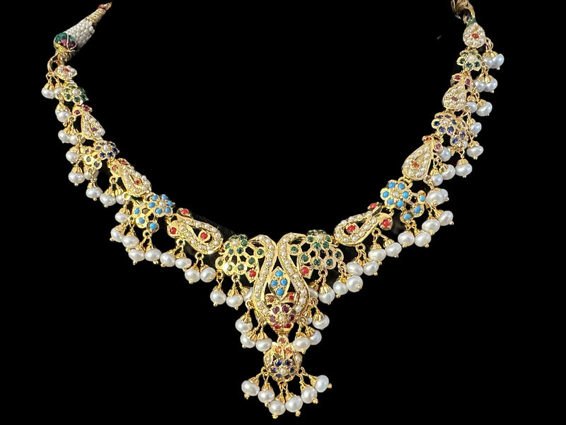 Navratan / Multicolored Jadau delicate Necklace Set in Gold Plated Silver ( READY TO SHIP )