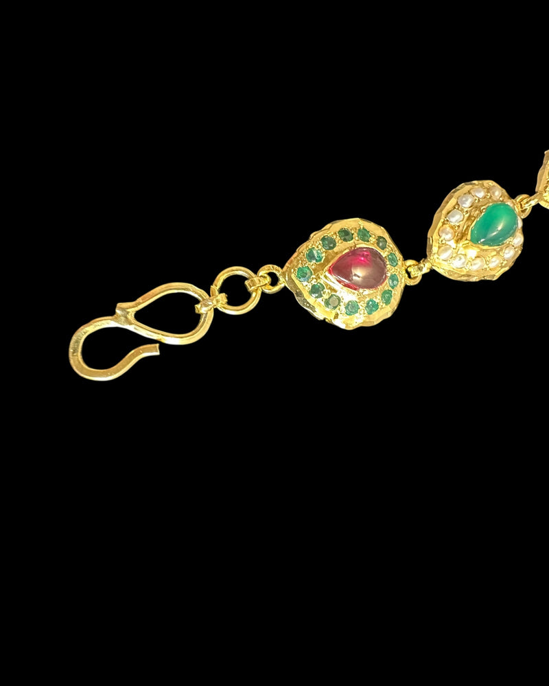 Ruby, Emerald & Pearl Gold-Plated Silver Bracelet – 92.5 Silver ( READY TO SHIP )