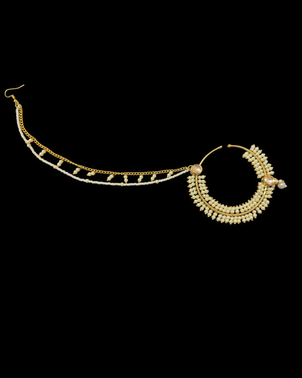 Handcrafted Kundan & Pearl Nosering with Double Chain – Non-Pierced Bridal Nath ( READY TO SHIP )
