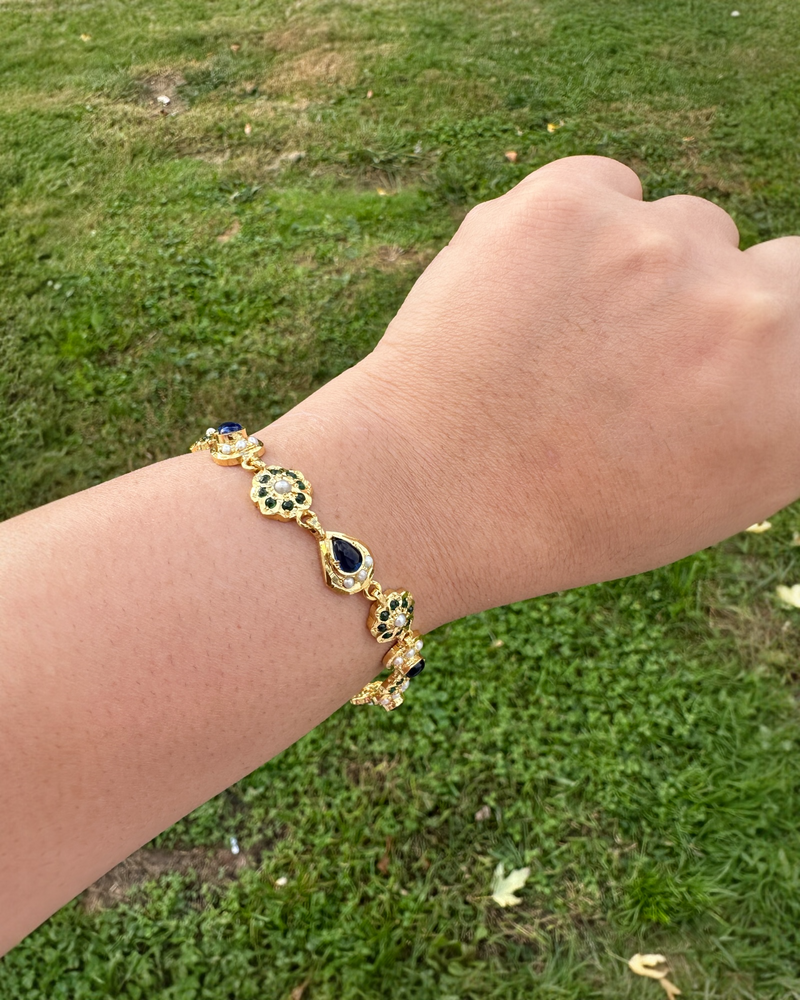 Emerald & Sapphire Gold-Plated Silver Bracelet with Freshwater Pearls ( READY TO SHIP )