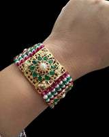 Gold-Plated Silver jadau Bracelet in Ruby, Emerald & Freshwater Pearls ( READY TO SHIP )