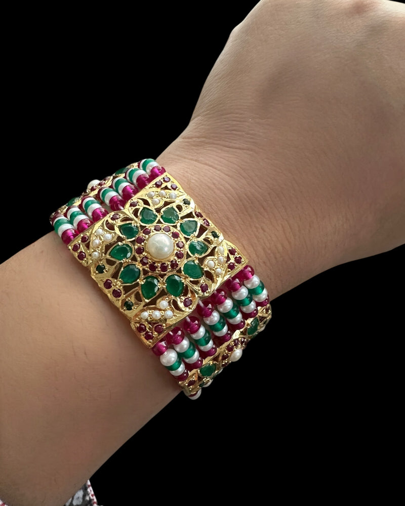 Gold-Plated Silver jadau Bracelet in Ruby, Emerald & Freshwater Pearls ( READY TO SHIP )
