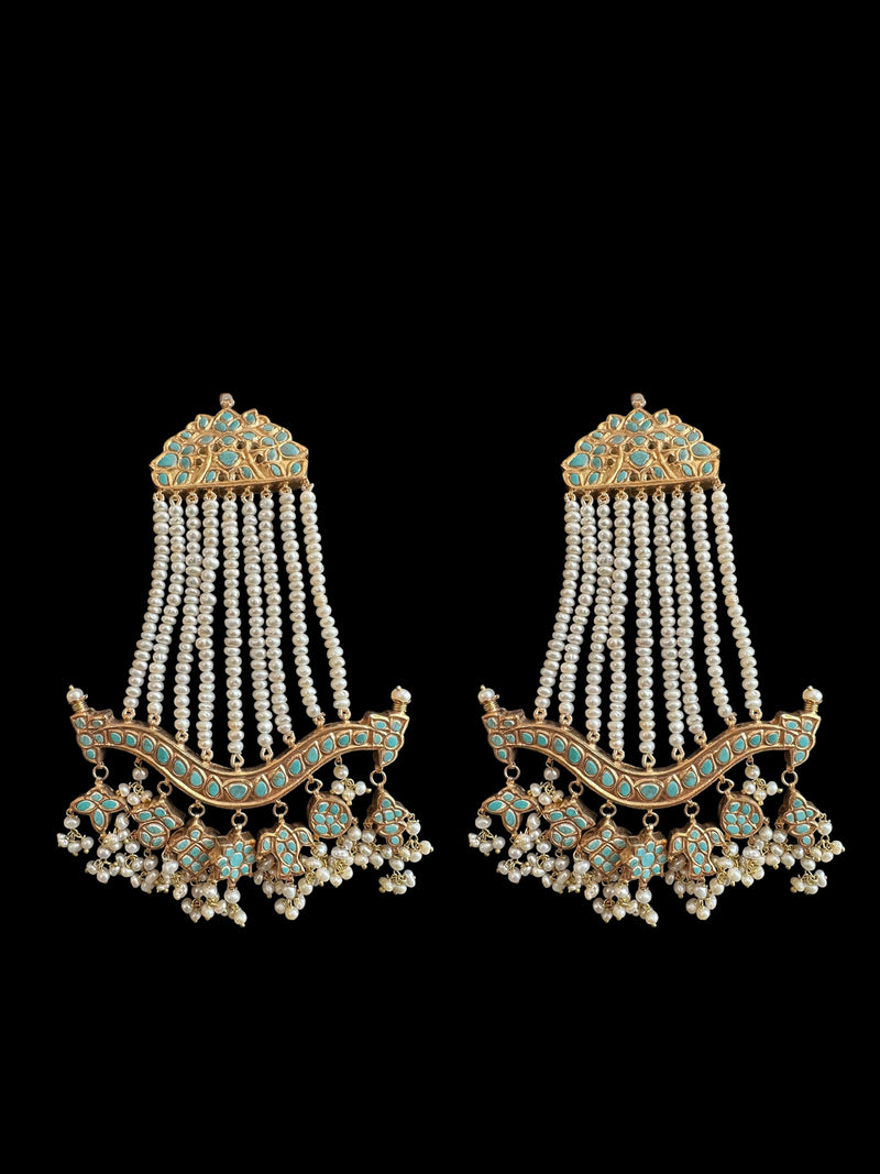 Anuja jhoomar earrings in fresh water pearls and turquoise ( SHIPS IN 3 WEEKS )