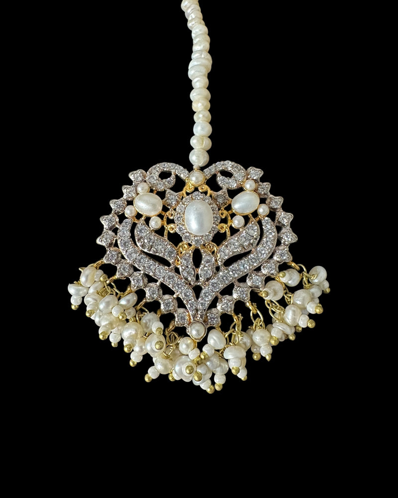 BR464 RAABYA fresh water pearl bridal choker Rani haar set with earrings tika ( READY TO SHIP )