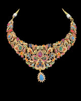 Navratan necklace earrings set in gold plating ( READY TO SHIP )