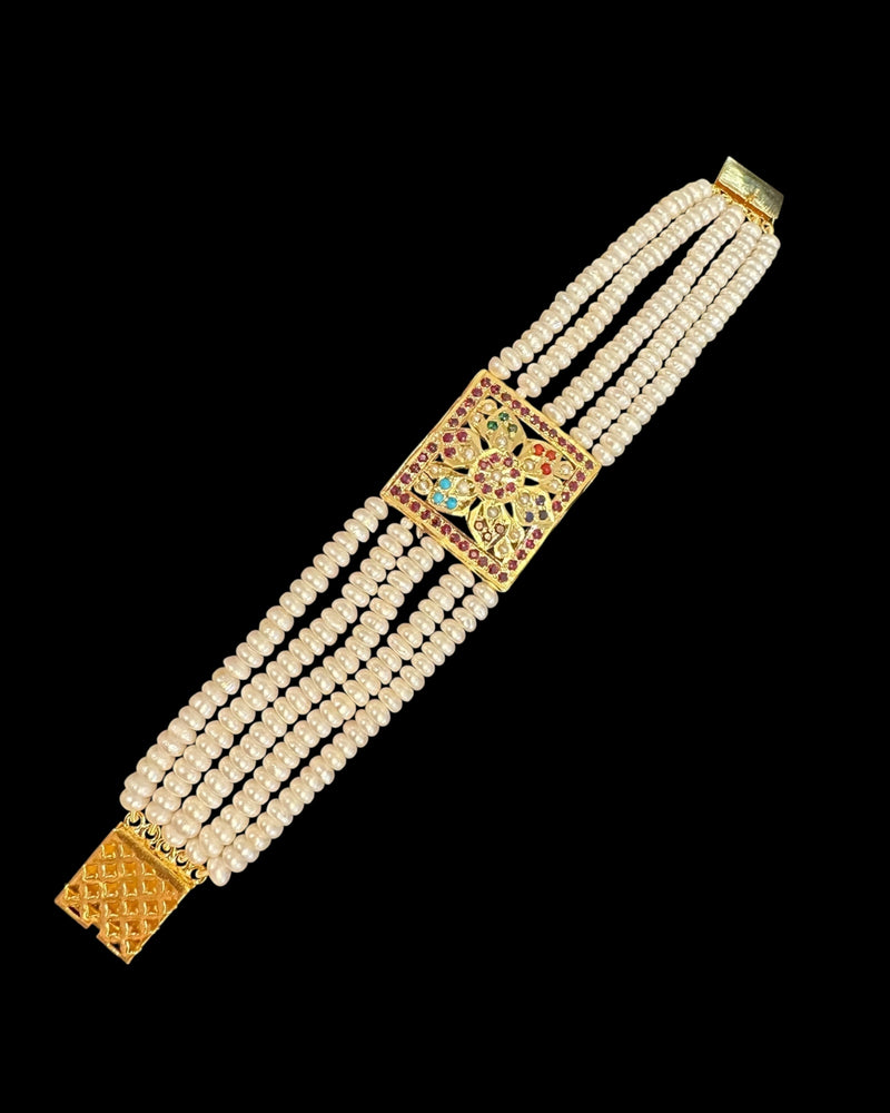 Gold Plated Silver Navratan Bracelet with Freshwater Pearls ( READY TO SHIP )