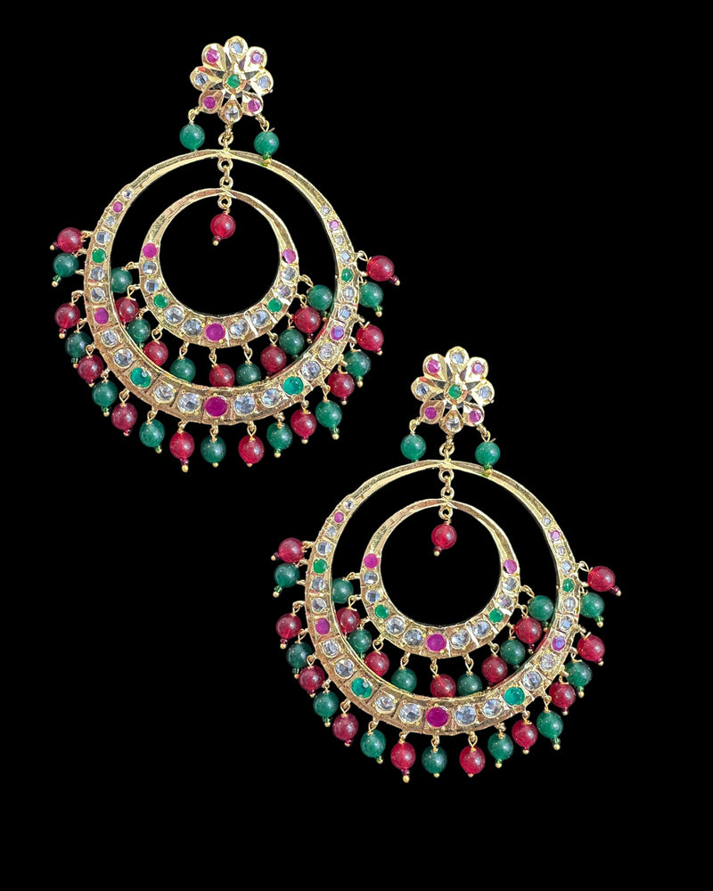 DER773 USHA overzied chandbali earrings - Ruby emerald ( READY TO SHIP )