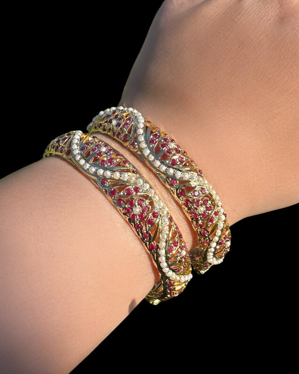 Gold-Plated 92.5 Silver Bangles with Rubies & Freshwater Pearls (Pair) ( READY TO SHIP )